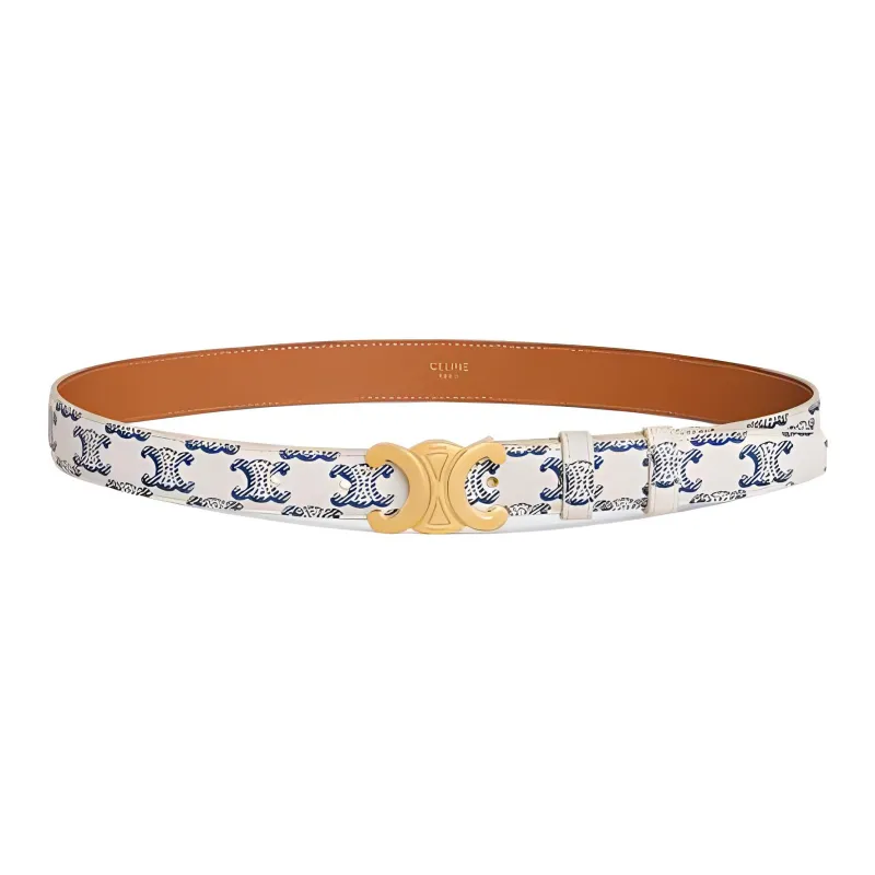 CELINE Patterned Print Smooth Buckle Leather Belts Women's White/Blue-0