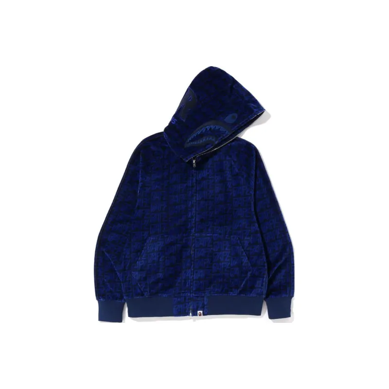 Bape Logo Monogram Velour Shark Full Zip Hoodie-0