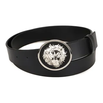 VERSUS Round Lion Smooth Buckle Leather Belts Men's Black Width 3.5CM