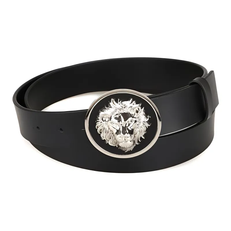 VERSUS Round Lion Smooth Buckle Leather Belts Men's Black Width 3.5CM-0