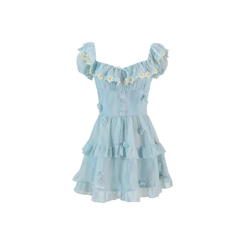/ Short Sleeved Dresses Women's Aqua Colorful Blue-1