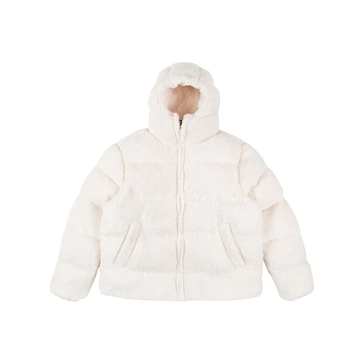 MEDRIA Letter Hooded Loose Fit Thickened Puffer Jacket Unisex Ecru-0