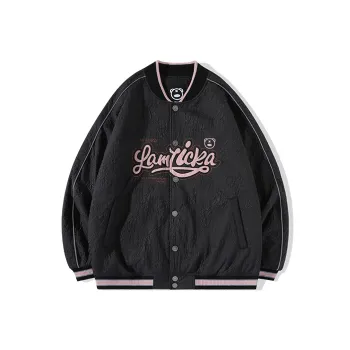 LAMLICKA Letter Baseball Collar Loose Fit Thickened Regular Edition Puffer Jacket Unisex Black