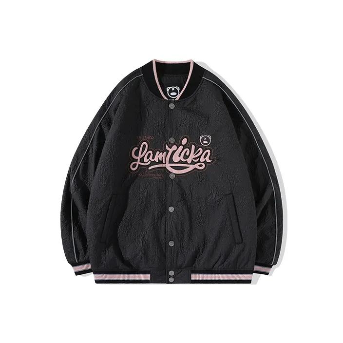 LAMLICKA Letter Baseball Collar Loose Fit Thickened Regular Edition Puffer Jacket Unisex Black-0