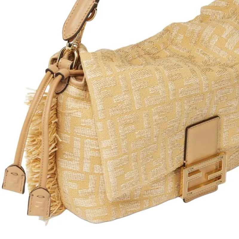 FENDI Baguette Cotton Shoulder Bag Medium Size Women's Beige-4