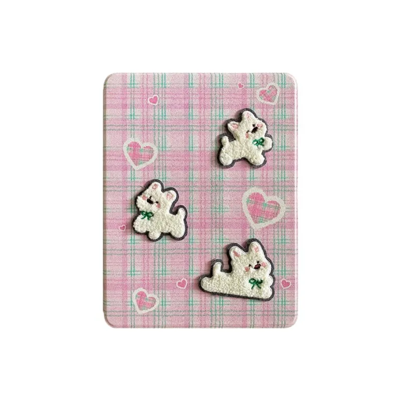 Sopi Acrylic Material, Pink Plaid Embroidery Puppy Compatible With IPad Air 4/Air 5/Mini 6/7 Tablet Protective Cases-0