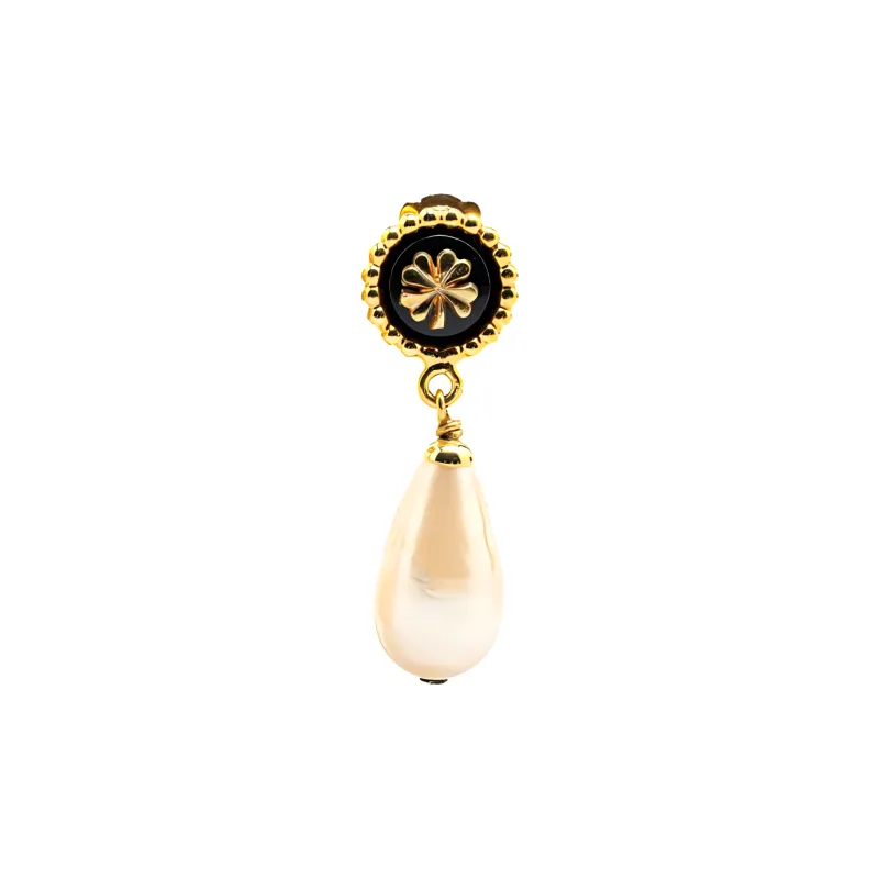 CHANEL 1980 1990 Plated Clover Faux Pearl Dangling Clip On Earrings Costume Earrings-2