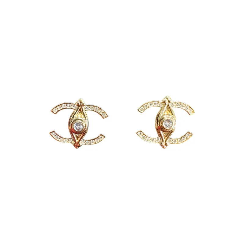 CHANEL Rhinestone Stud Earrings Women's Gold-0