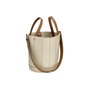 H YXIANG Top Grain Cow Leather Basket Bag, One Shoulder Handbag Women's White Spell Brown/Milk Tea Gray