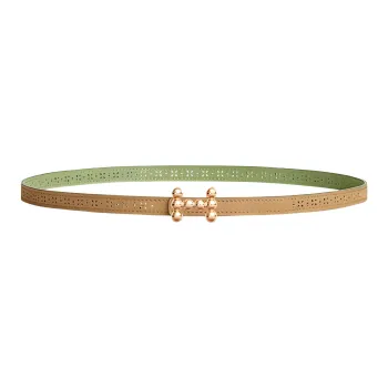 HERMES Perforated Design Classic Logo Gold Smooth Buckle Calfskin Double-Sided Leather Belts Women's Green Width 13mm