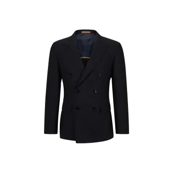 HUGO BOSS Double-Breasted Slim-Fit Jacket In Structured Virgin Wool Business Suit Men's Dark Blue