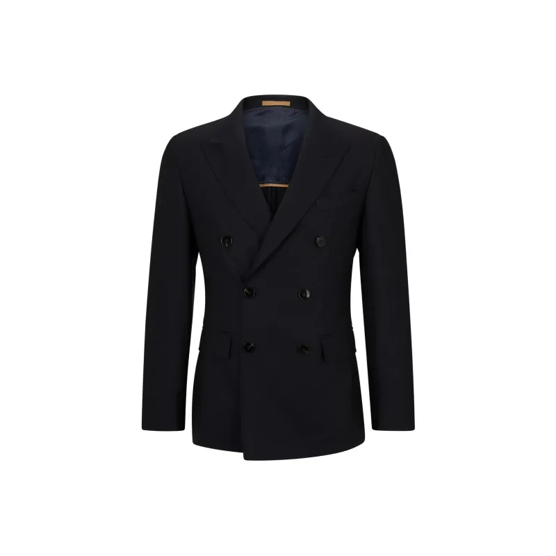 HUGO BOSS Double-Breasted Slim-Fit Jacket In Structured Virgin Wool Business Suit Men's Dark Blue-0