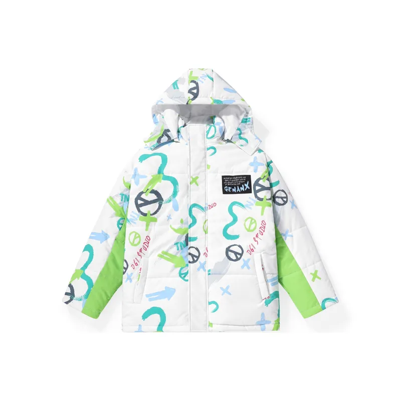 GENANX Letter Stand Collar Loose Fit Puffer Jacket Unisex White Green-0