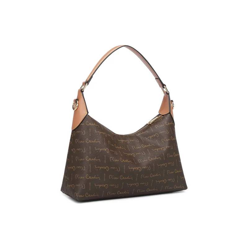 PIERRE CARDIN PVC Shoulder Bag, Crossbody Bag, Handbag Large Size Women's Coffee/Coffee & Yellow Brown-2