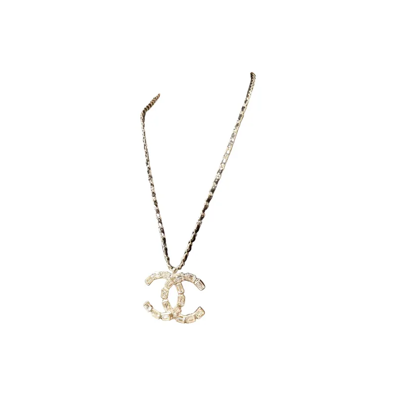 CHANEL Alloy Rhinestone Leather Necklaces Unisex Gold-0