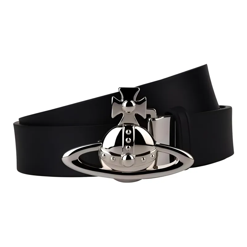 Vivienne Westwood Emblem Design Smooth Buckle Leather Belts Men's Black-0
