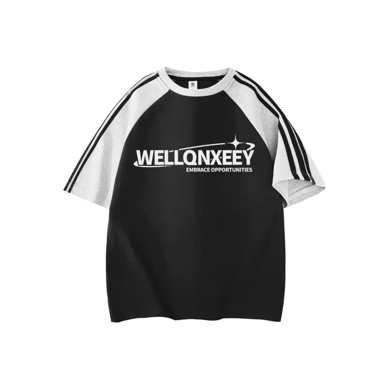 Qnxeey T Shirt Unisex Black & White With Gray Sleeves-0