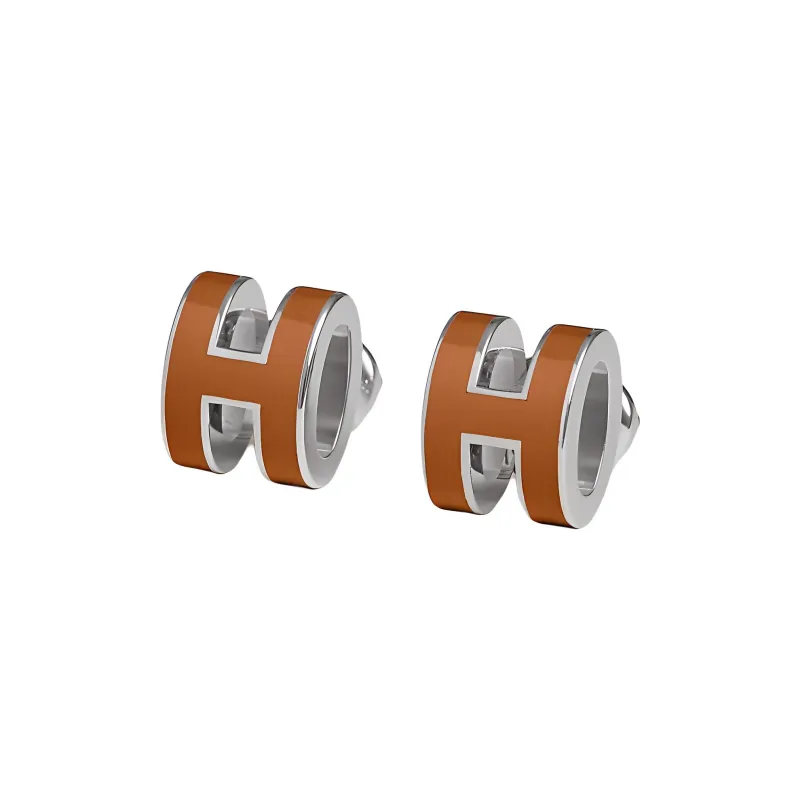 HERMES Palladium Plated Metal Earrings Women's Gold Brown-0
