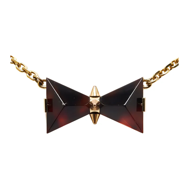 LOUIS VUITTON 2013 Gold Plated Resin Tortoise Shell Bow Pendant Costume Necklace-1