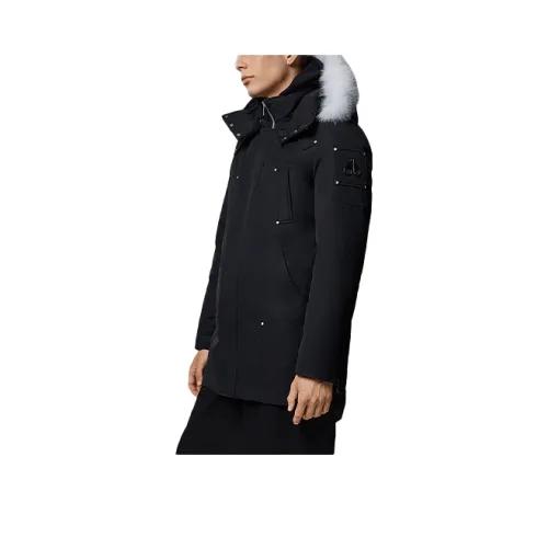 Moose Knuckles FW21 Solid Color Hooded Mid Length Down Jacket Men's Black