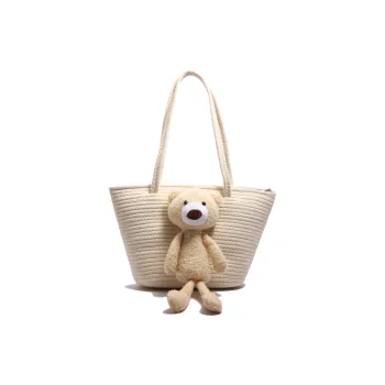 Yalu Cotton Tote Bag, Shoulder Bag Medium Size Women's White/Brown