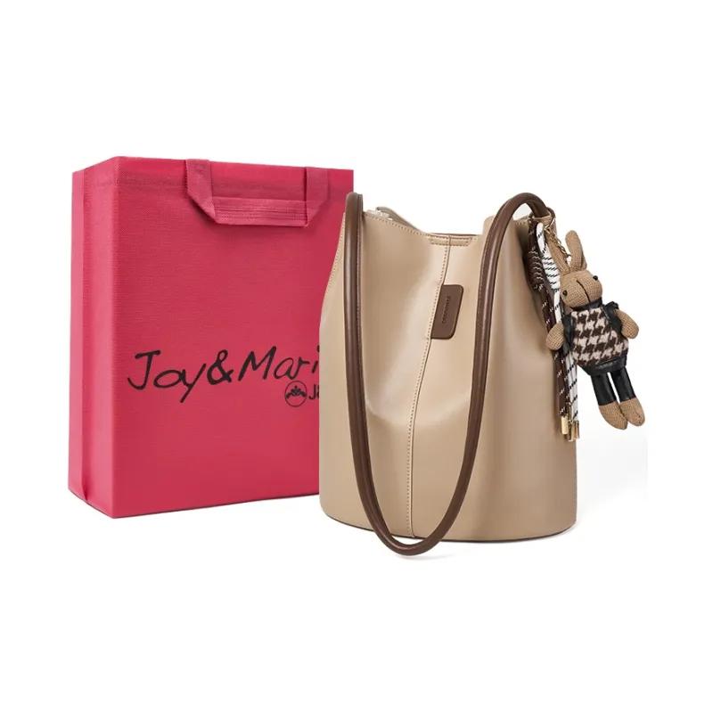 Joy&Mario Synthetic Leather Bucket Bag, Shoulder Bag Women's Ecru & Brown/Cream Apricot & Coffee-4