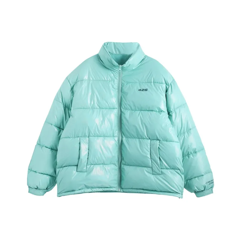 F426 Letter Solid Color Shiny Stand Collar Loose Fit Puffer Jacket Unisex-10
