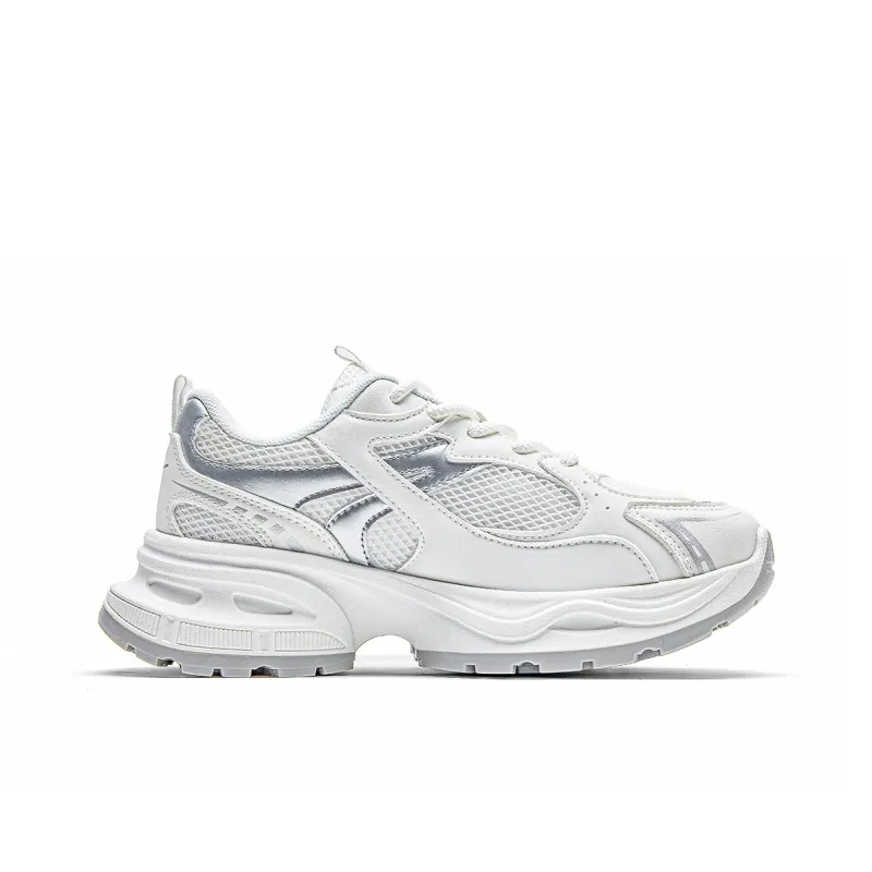 Warrior Anti Slip And Wear Resistant Height Increasing Low Top Chunky Sneakers Women's White Silver-1