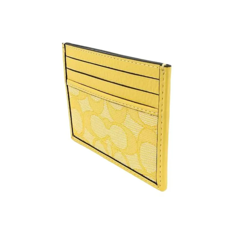 COACH Jacquard Fabric With Pebbled Leather Accents Card Holder Mini Women's Yellow-3