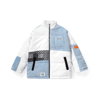 GENANX Letter Colorblock Stand Collar Loose Fit Puffer Jacket Unisex White Blue