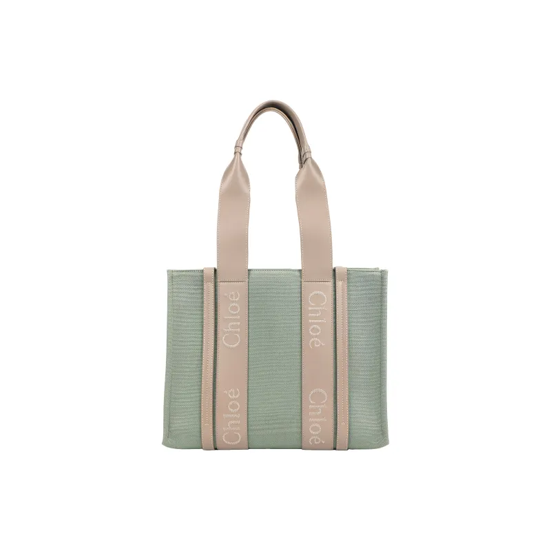 Chloe Woody Linen Canvas With Shiny Calfskin Tote Bag Shopping Bag Canvas Bag Handbags Medium Size Women's Light Green-2
