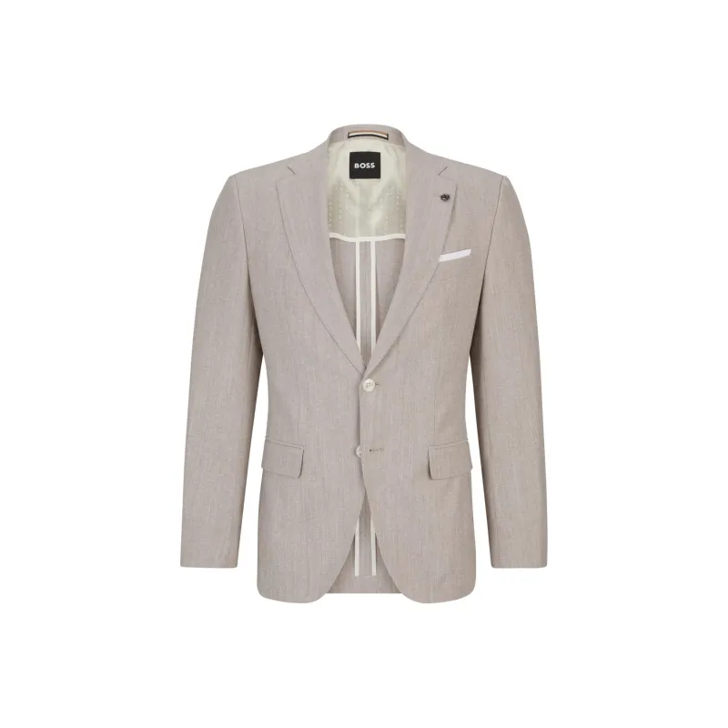 HUGO BOSS SS24 Slim-Fit Jacket In A Micro-Patterned Cotton Blend Business Suits Coats Men's Light Brown-0