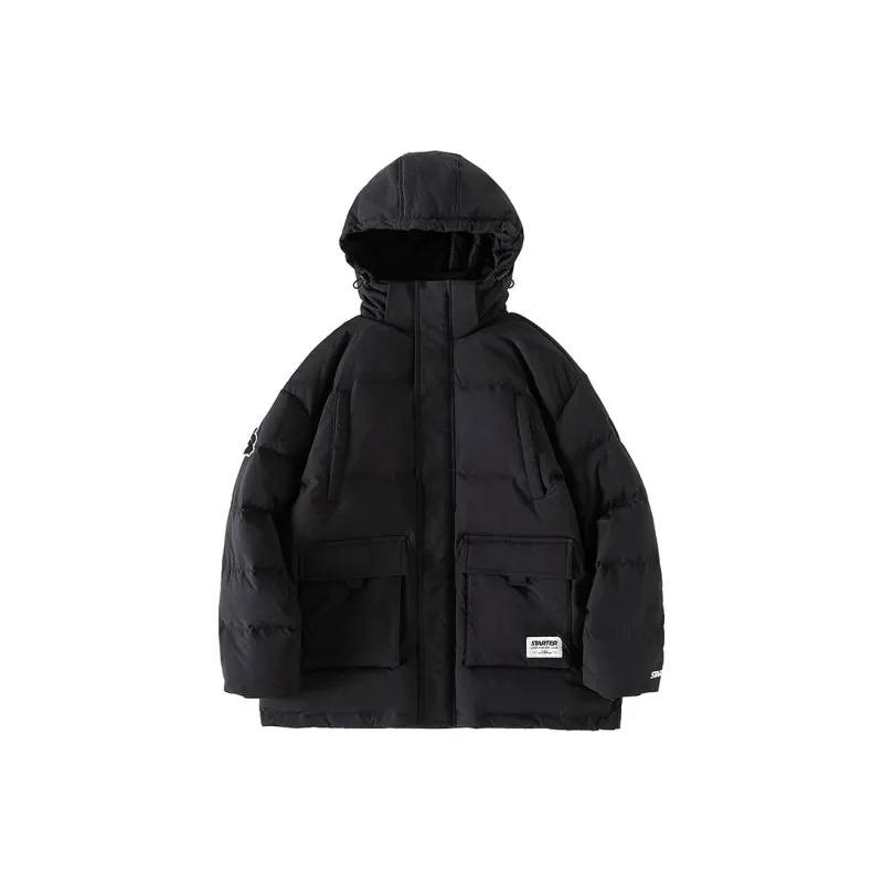 STARTER Letter Solid Color Hooded Loose Fit Down Jacket Unisex Black-0