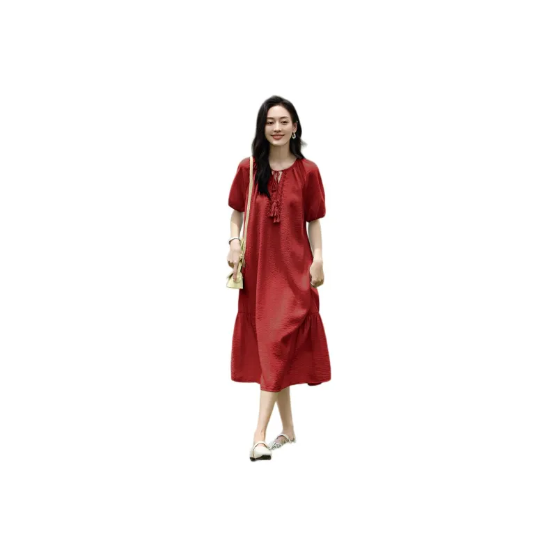 Mo Han Yi Mei Short Sleeved Dress Women's Dark Red-2
