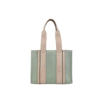Chloe Woody Linen Canvas With Shiny Calfskin Tote Bag Shopping Bag Canvas Bag Handbags Medium Size Women's Light Green