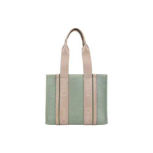 Chloe Woody Linen pleated With Shiny Calfskin Tote Bag Shopping Bag pleated Bag Handbags Medium Size Women's Light Green