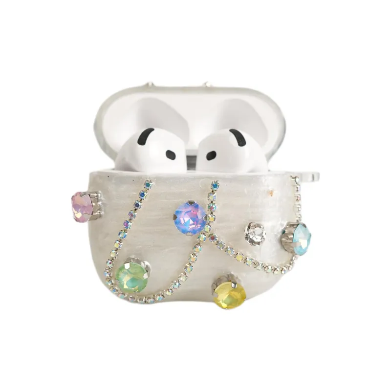 Sopi Compatibility With Apple AirPods 4/2/3/AirPods Pro/Pro 2 TPU Luxury Cream Resin Gemstone Chain Headphone Cases-4