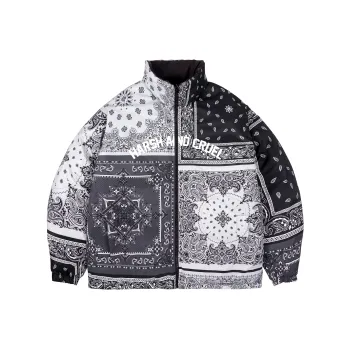 HARSH AND CRUEL Abstract Pattern Solid Color Stand Collar Loose Fit Thickened Puffer Jacket Unisex Black
