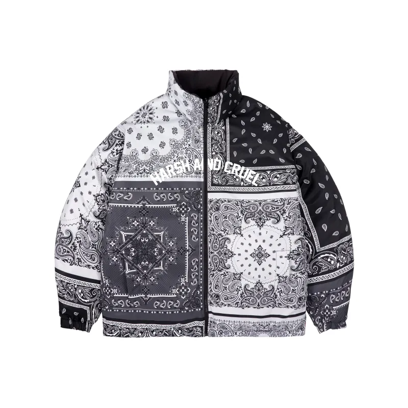 HARSH AND CRUEL Abstract Pattern Solid Color Stand Collar Loose Fit Thickened Puffer Jacket Unisex Black-0