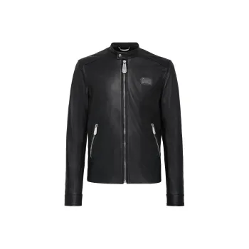 PHILIPP PLEIN Leather Moto Jacket Statement Jackets Coats Men's Black