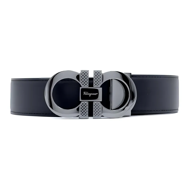 FERRAGAMO Letter Logo Smooth Buckle Cow Leather Leather Belts Men's Black Width  3.5cm-0