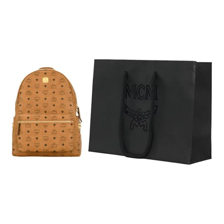 MCM Stark Visetos Nappa Leather Trim Backpack Medium Size Unisex Brown Cognac-4