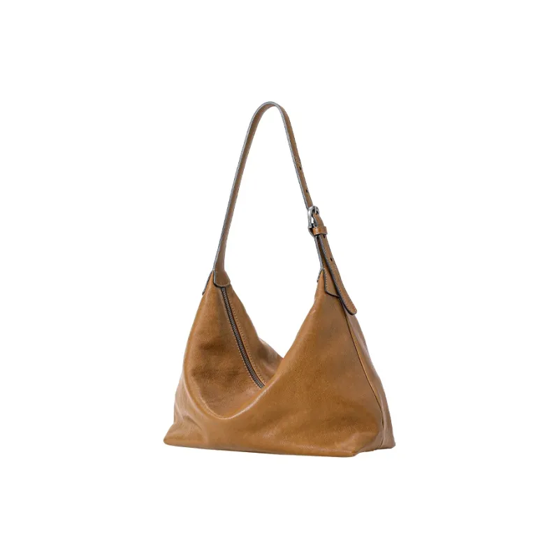 Qiuzhen Vegetable Tanned Top Grain Cow Leather HOBO Shoulder Bag Large Size Women's Coffee/Black/Blue/Elephant Gray-0