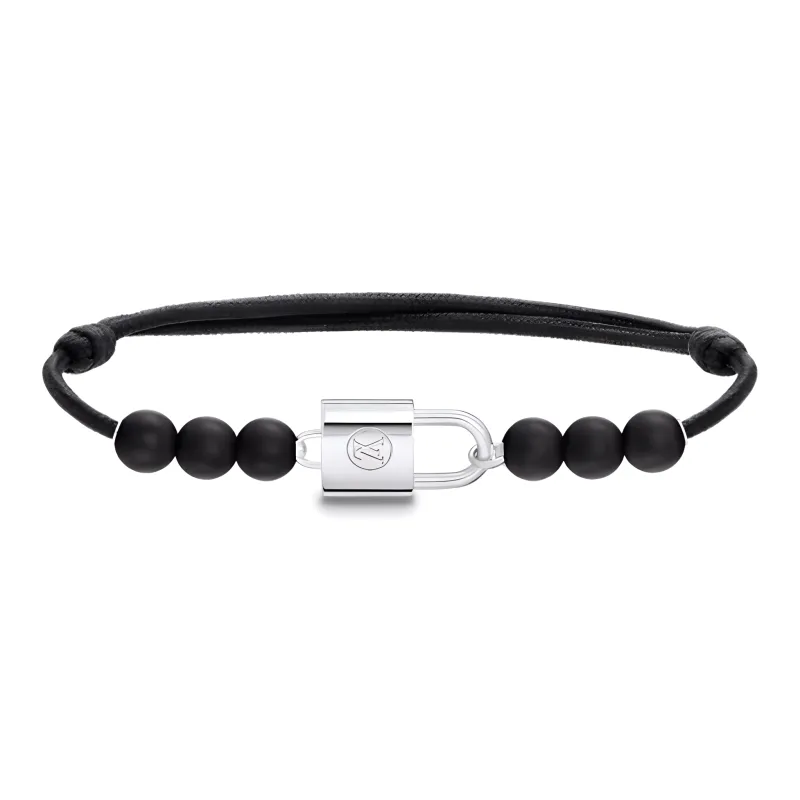 LOUIS VUITTON SiLOUIS VUITTONer Lockit Beads Bracelet Black Titanium And Black Polyester Cord-0