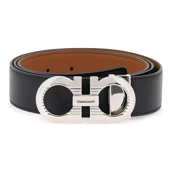 FERRAGAMO Two-Tone Design Smooth Buckle Leather Belts Men's Black