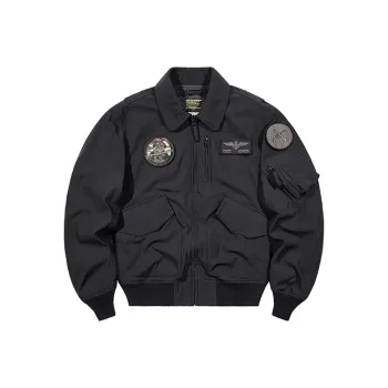 VIP Hook and Loop Embroidered Badge Workwear Lapel Coat Pilot Jacket Unisex Black