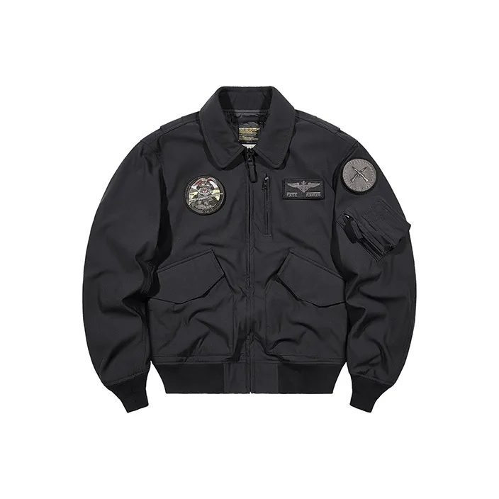 VIP Hook and Loop Embroidered Badge Workwear Lapel Coat Pilot Jacket Unisex Black-0