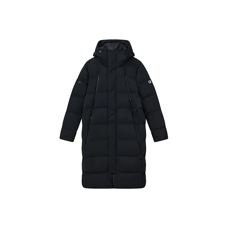 FILA Letter Hooded Long Down Jacket Men's Pitch Black-0