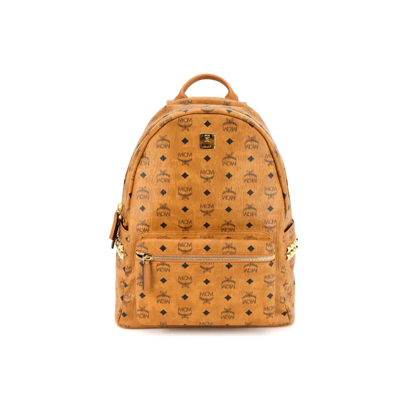 MCM Stark Visetos Nappa Leather Trim Backpack Medium Size Unisex Brown Cognac-0