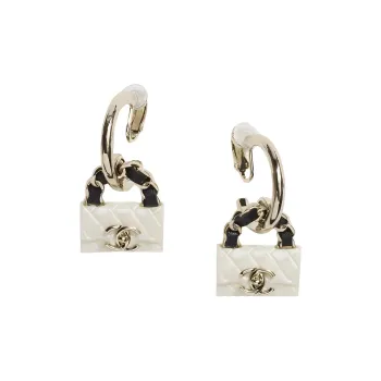 CHANEL Resin Metal Leather Earrings Women's